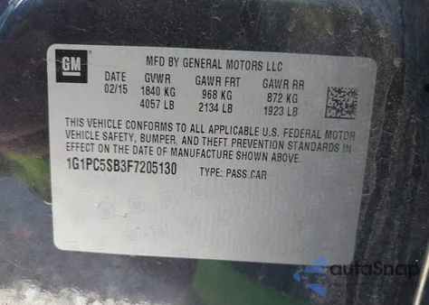 2015 Chevrolet Cruze 1Lt Auto from USA, damaged, VIN 1G1PC5SB3F7205130